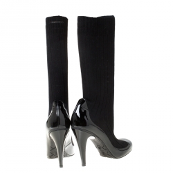  Chanel Black Patent Leather And Fabric Sock Boots Size 41