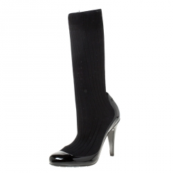  Chanel Black Patent Leather And Fabric Sock Boots Size 41
