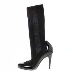  Chanel Black Patent Leather And Fabric Sock Boots Size 41