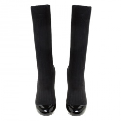  Chanel Black Patent Leather And Fabric Sock Boots Size 41