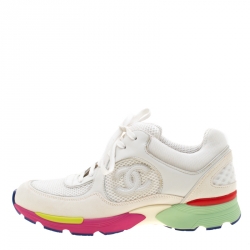 Pre Owned Chanel White Leather And Mesh CC Logo Lace Up Sneakers Size 38