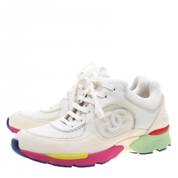 Pre Owned Chanel White Leather And Mesh CC Logo Lace Up Sneakers Size 38
