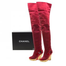 Chanel Red Patent Leather And Canvas Brocade Wedge Over The Knee Platform Boots Size 37.5