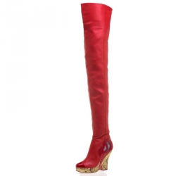 Chanel Red Leather Metallic Gold Brocade Wedge Thigh High Boots Size 39.5