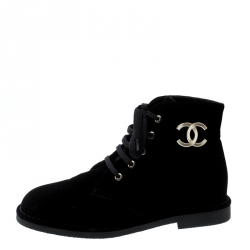 Chanel Black Velet CC Desert Ankle Boots Size 38