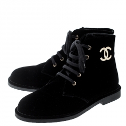 Chanel Black Velet CC Desert Ankle Boots Size 38