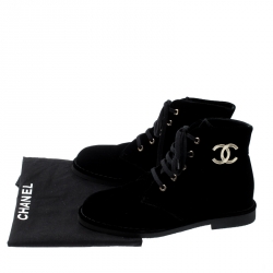 Chanel Black Velet CC Desert Ankle Boots Size 38