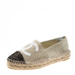 Pre Owned Chanel Beige And Black Canvas Sequins CC Espadrilles Size 35
