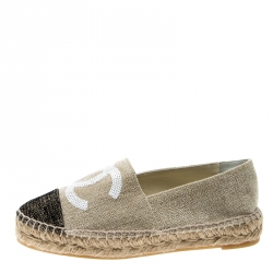 Pre Owned Chanel Beige And Black Canvas Sequins CC Espadrilles Size 35