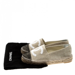 Pre Owned Chanel Beige And Black Canvas Sequins CC Espadrilles Size 35