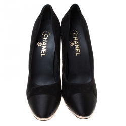 Chanel Black Suede And Satin Cap Toe CC Pumps Size 40.5