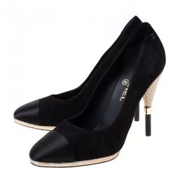 Chanel Black Suede And Satin Cap Toe CC Pumps Size 40.5