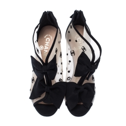 Chanel Black 'CC' Mesh And Canvas Open Toe Bowtie Ankle Booties Size 37