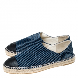 Pre Owned Chanel Blue/Black Tweed And Leather CC Cap Toe Espadrille Flats Size 41