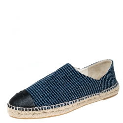 Pre Owned Chanel Blue/Black Tweed And Leather CC Cap Toe Espadrille Flats Size 41