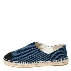 Pre Owned Chanel Blue/Black Tweed And Leather CC Cap Toe Espadrille Flats Size 41