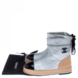 Chanel Metallic Silver Leather CC Cap Toe Ankle Boots Size 40.5