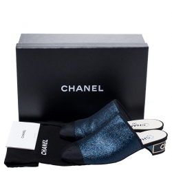 Chanel Blue Glitter And Black CC Canvas Cap Toe Mules Size 37