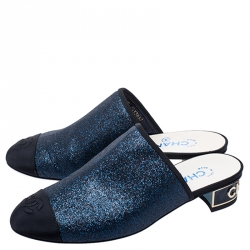 Chanel Blue Glitter And Black CC Canvas Cap Toe Mules Size 37