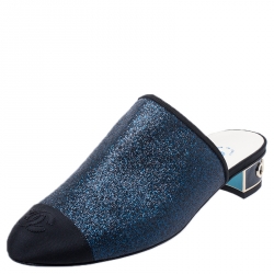 Chanel Blue Glitter And Black CC Canvas Cap Toe Mules Size 37