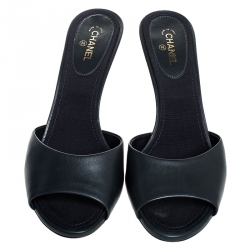 Chanel Navy Blue Leather CC Heel Slide Sandals Size 39.5