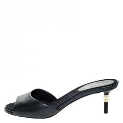 Chanel Navy Blue Leather CC Heel Slide Sandals Size 39.5