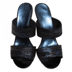 Pre Owned Chanel Black Suede Open Toe Pearl Embellished Heels Sandals Size 37.5