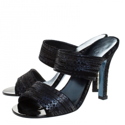 Pre Owned Chanel Black Suede Open Toe Pearl Embellished Heels Sandals Size 37.5