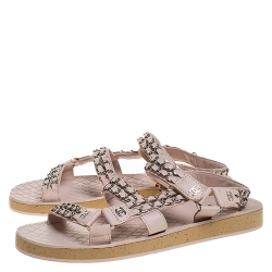 مملوكة مسبقًا Chanel Beige Leather Chain Embellished Ankle Strap Flat Sandals Size 40