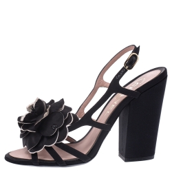 Chanel Black/Cream Satin Camellia Embellished Slingback Sandals Size 36.5