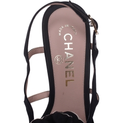 Chanel Black/Cream Satin Camellia Embellished Slingback Sandals Size 36.5