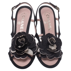 Chanel Black/Cream Satin Camellia Embellished Slingback Sandals Size 36.5
