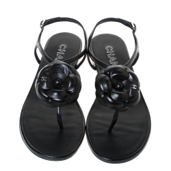 Pre Owned Chanel Black Leather CC Camellia Flat Thong Sandals Size 38.5