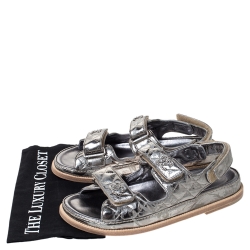 Chanel Metallic Silver/Grey Quilted Leather CC Velcro Flat Sandals Size 40