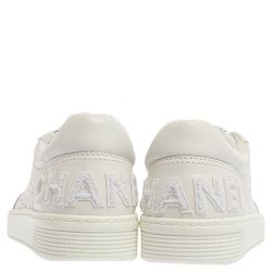 Pre Owned Chanel White Leather Low Top Sneakers Size 37