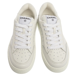 Pre Owned Chanel White Leather Low Top Sneakers Size 37