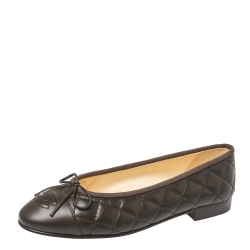 Chanel Black Leather With Metallic Silver CC Cap Toe Bow Ballet Flats Size  40 Chanel