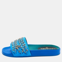 Pre Owned Chanel Blue Fabric Tropiconic Chain Flat Slides Size 39