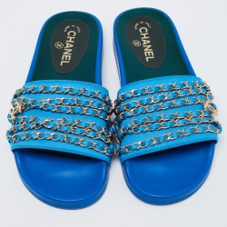 Pre Owned Chanel Blue Fabric Tropiconic Chain Flat Slides Size 39