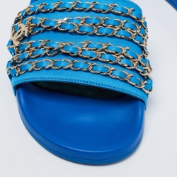 Pre Owned Chanel Blue Fabric Tropiconic Chain Flat Slides Size 39