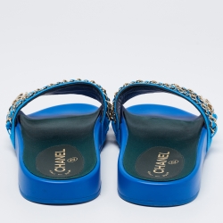 Pre Owned Chanel Blue Fabric Tropiconic Chain Flat Slides Size 39