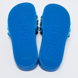 Pre Owned Chanel Blue Fabric Tropiconic Chain Flat Slides Size 39