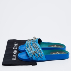 Pre Owned Chanel Blue Fabric Tropiconic Chain Flat Slides Size 39