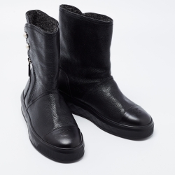 Chanel Black Leather CC Sneaker Boots Size 38.5