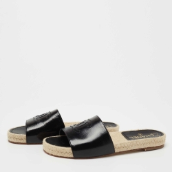 Pre Owned Chanel Black Patent Leather CC Flat Espadrille Slides Size 38