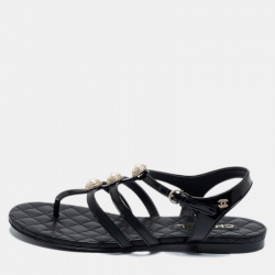 Chanel Black Leather and Patent Faux Pearl Embellished Sandals Size 40