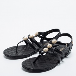 Chanel Black Leather and Patent Faux Pearl Embellished Sandals Size 40
