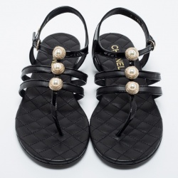 Chanel Black Leather and Patent Faux Pearl Embellished Sandals Size 40