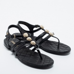 Chanel Black Leather and Patent Faux Pearl Embellished Sandals Size 40
