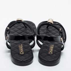 Chanel Black Leather and Patent Faux Pearl Embellished Sandals Size 40